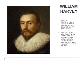 WILLIAM
HARVEY
 BLOOD
CIRCULATED
THROUGHOUT
THE BODY
 BLOOD ALSO
PUMP BY THE
HEART AND
RETURNING
THROUGH THE
VEINS
 