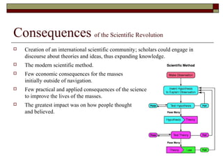 Consequences of the Scientific Revolution
 Creation of an international scientific community; scholars could engage in
discourse about theories and ideas, thus expanding knowledge.
 The modern scientific method.
 Few economic consequences for the masses
initially outside of navigation.
 Few practical and applied consequences of the science
to improve the lives of the masses.
 The greatest impact was on how people thought
and believed.
 