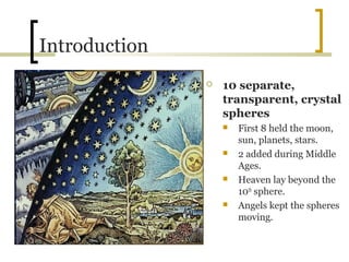Introduction
                  10 separate,
                   transparent, crystal
                   spheres
                      First 8 held the moon,
                       sun, planets, stars.
                      2 added during Middle
                       Ages.
                      Heaven lay beyond the
                       10th sphere.
                      Angels kept the spheres
                       moving.
 