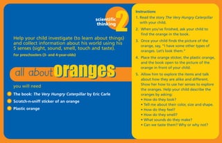 2
                                                          Instructions
                                                          1. Read the story The Very Hungry Caterpillar
                                           scientific
                                            thinking         with your child.
                                                          2. When you’ve finished, ask your child to
                                                             find the orange in the book.
Help your child investigate (to learn about things)
                                                          3. Once your child finds the picture of the




 all about oranges
and collect information about his world using his
                                                             orange, say, “I have some other types of
5 senses (sight, sound, smell, touch and taste).
                                                             oranges. Let’s look them.”
For preschoolers (3- and 4-year-olds)
                                                          4. Place the orange sticker, the plastic orange,
                                                             and the book open to the picture of the
                                                             orange in front of your child.
                                                          5. Allow him to explore the items and talk
                                                             about how they are alike and different.
                                                             Show her how to use her senses to explore
you will need
                                                             the oranges. Help your child describe the
The book: The Very Hungry Caterpillar by Eric Carle          oranges by asking:
                                                             • How do they look?
Scratch-n-sniff sticker of an orange
                                                             • Tell me about their color, size and shape.
Plastic orange                                               • How do they feel?
                                                             • How do they smell?
                                                             • What sounds do they make?
                                                             • Can we taste them? Why or why not?
 