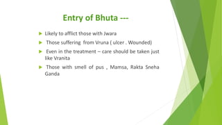 Entry of Bhuta ---
 Likely to afflict those with Jwara
 Those suffering from Vruna ( ulcer . Wounded)
 Even in the trea...