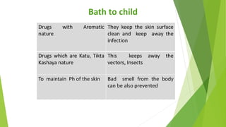 Bath to child
 .Drugs with Aromatic
nature
They keep the skin surface
clean and keep away the
infection
Drugs which are K...