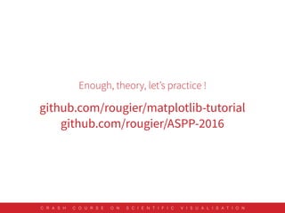Enough, theory, let’s practice !
github.com/rougier/matplotlib-tutorial
github.com/rougier/ASPP-2016
C R A S H C O U R S E O N S C I E N T I F I C V I S U A L I S A T I O N
 