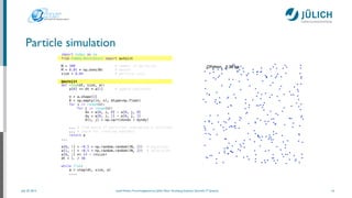 July 25, 2014 Josef Heinen, Forschungszentrum Jülich, Peter Grünberg Institute, Scientiﬁc IT Systems
Particle simulation
16
import numpy as np
!
!
N = 300 # number of particles
M = 0.05 * np.ones(N) # masses
size = 0.04 # particle size
!
!
def step(dt, size, a):
a[0] += dt * a[1] # update positions
!
n = a.shape[1]
D = np.empty((n, n), dtype=np.float)
for i in range(n):
for j in range(n):
dx = a[0, i, 0] - a[0, j, 0]
dy = a[0, i, 1] - a[0, j, 1]
D[i, j] = np.sqrt(dx*dx + dy*dy)
!
... # find pairs of particles undergoing a collision
... # check for crossing boundary
return a
...
!
a[0, :] = -0.5 + np.random.random((N, 2)) # positions
a[1, :] = -0.5 + np.random.random((N, 2)) # velocities
a[0, :] *= (4 - 2*size)
dt = 1. / 30
!
while True:
a = step(dt, size, a)
....
!
from numba.decorators import autojit
!
!
!
!
!
@autojit
!
!
!
!
!
!
!
!
!
!
!
!
!
!
!
!
!
!
!
!
!
!
!
 
