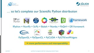 July 25, 2014 Josef Heinen, Forschungszentrum Jülich, Peter Grünberg Institute, Scientiﬁc IT Systems
… so let’s complete our Scientiﬁc Python distribution
9
PyOpenGL + PyOpenCL + PyCUDA + PyGTK/wxWidgets
IPython + NumPy + SciPy + Bokeh + Numba + PyQt4 + GR framework
➟ more performance and interoperability
 