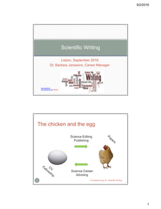 9/2/2016
1
Lisbon, September 2016
Dr. Barbara Janssens, Career Manager
Scientific Writing
www.wordle.net
www.slideshare.com/barbaja
© Janssens Aug-16 - Scientific Writing2
The chicken and the egg
Science Editing
Publishing
Science Career
Advising
 