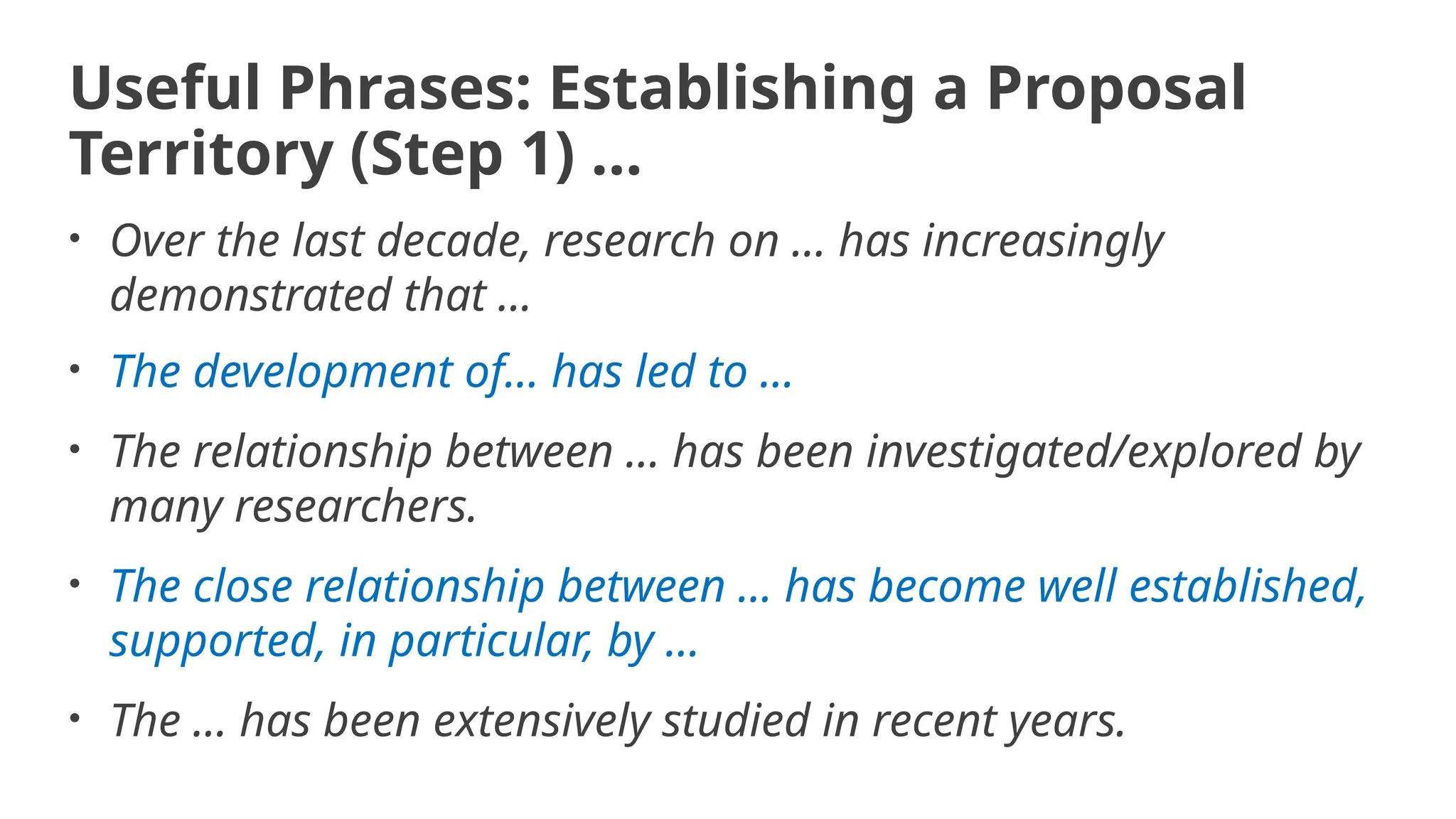 Useful Phrases: Establishing a Proposal
Territory (Step 1) …
• Over the last decade, research on ... has increasingly
demonstrated that ...
• The development of... has led to ...
• The relationship between ... has been investigated/explored by
many researchers.
• The close relationship between ... has become well established,
supported, in particular, by ...
• The ... has been extensively studied in recent years.
 