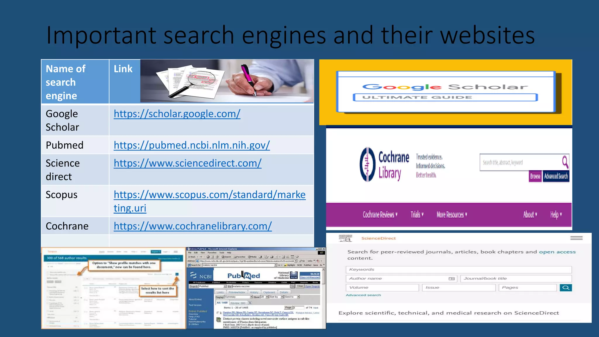 Important search engines and their websites
Name of
search
engine
Link
Google
Scholar
https://scholar.google.com/
Pubmed https://pubmed.ncbi.nlm.nih.gov/
Science
direct
https://www.sciencedirect.com/
Scopus https://www.scopus.com/standard/marke
ting.uri
Cochrane https://www.cochranelibrary.com/
 
