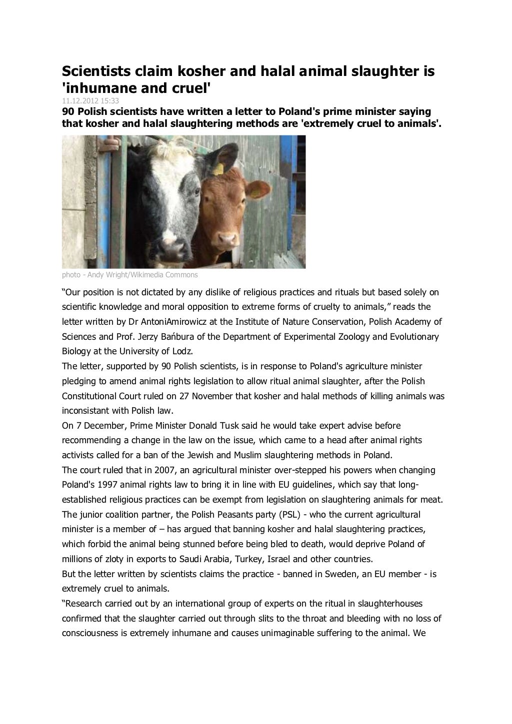 Scientists claim kosher and halal animal slaughter is 'inhumane and cruel'