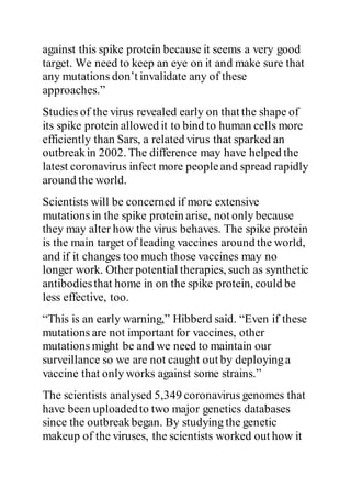 against this spike protein because it seems a very good
target. We need to keep an eye on it and make sure that
any mutations don’t invalidate any of these
approaches.”
Studies of the virus revealed early on that the shape of
its spike protein allowed it to bind to human cells more
efficiently than Sars, a related virus that sparked an
outbreakin 2002. The difference may have helped the
latest coronavirus infect more peopleand spread rapidly
around the world.
Scientists will be concerned if more extensive
mutations in the spike protein arise, not only because
they may alter how the virus behaves. The spike protein
is the main target of leading vaccines around the world,
and if it changes too much those vaccines may no
longer work. Other potential therapies, such as synthetic
antibodiesthat home in on the spike protein, could be
less effective, too.
“This is an early warning,” Hibberd said. “Even if these
mutations are not important for vaccines, other
mutations might be and we need to maintain our
surveillance so we are not caught out by deployinga
vaccine that only works against some strains.”
The scientists analysed 5,349 coronavirus genomes that
have been uploadedto two major genetics databases
since the outbreakbegan. By studying the genetic
makeup of the viruses, the scientists worked out how it
 