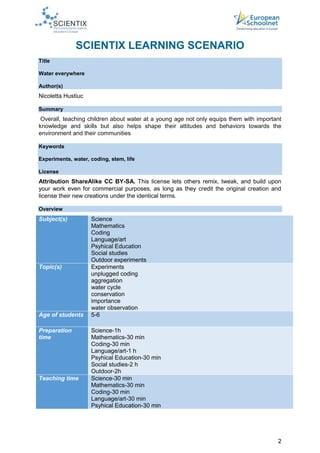 2
SCIENTIX LEARNING SCENARIO
Title
Water everywhere
Author(s)
Nicoletta Hustiuc
Summary
Overall, teaching children about water at a young age not only equips them with important
knowledge and skills but also helps shape their attitudes and behaviors towards the
environment and their communities
Keywords
Experiments, water, coding, stem, life
License
Attribution ShareAlike CC BY-SA. This license lets others remix, tweak, and build upon
your work even for commercial purposes, as long as they credit the original creation and
license their new creations under the identical terms.
Overview
Subject(s) Science
Mathematics
Coding
Language/art
Psyhical Education
Social studies
Outdoor experiments
Topic(s) Experiments
unplugged coding
aggregation
water cycle
conservation
importance
water observation
Age of students 5-6
Preparation
time
Science-1h
Mathematics-30 min
Coding-30 min
Language/art-1 h
Psyhical Education-30 min
Social studies-2 h
Outdoor-2h
Teaching time Science-30 min
Mathematics-30 min
Coding-30 min
Language/art-30 min
Psyhical Education-30 min
 