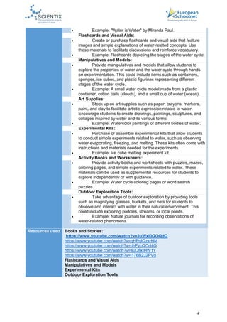 4
 Example: "Water is Water" by Miranda Paul.
2. Flashcards and Visual Aids:
 Create or purchase flashcards and visual aids that feature
images and simple explanations of water-related concepts. Use
these materials to facilitate discussions and reinforce vocabulary.
 Example: Flashcards depicting the stages of the water cycle.
3. Manipulatives and Models:
 Provide manipulatives and models that allow students to
explore the properties of water and the water cycle through hands-
on experimentation. This could include items such as containers,
sponges, ice cubes, and plastic figurines representing different
stages of the water cycle.
 Example: A small water cycle model made from a plastic
container, cotton balls (clouds), and a small cup of water (ocean).
4. Art Supplies:
 Stock up on art supplies such as paper, crayons, markers,
paint, and clay to facilitate artistic expression related to water.
Encourage students to create drawings, paintings, sculptures, and
collages inspired by water and its various forms.
 Example: Watercolor paintings of different bodies of water.
5. Experimental Kits:
 Purchase or assemble experimental kits that allow students
to conduct simple experiments related to water, such as observing
water evaporating, freezing, and melting. These kits often come with
instructions and materials needed for the experiments.
 Example: Ice cube melting experiment kit.
6. Activity Books and Worksheets:
 Provide activity books and worksheets with puzzles, mazes,
coloring pages, and simple experiments related to water. These
materials can be used as supplemental resources for students to
explore independently or with guidance.
 Example: Water cycle coloring pages or word search
puzzles.
7. Outdoor Exploration Tools:
 Take advantage of outdoor exploration by providing tools
such as magnifying glasses, buckets, and nets for students to
observe and interact with water in their natural environment. This
could include exploring puddles, streams, or local ponds.
 Example: Nature journals for recording observations of
water-related phenomena.
Resources used Books and Stories:
https://www.youtube.com/watch?v=3uWxI0GOQdQ
https://www.youtube.com/watch?v=qHPqIQzkrHM
https://www.youtube.com/watch?v=dhFycQOrI4Q
https://www.youtube.com/watch?v=4uQflkIHW1Y
https://www.youtube.com/watch?v=j176B2J2PVg
Flashcards and Visual Aids
Manipulatives and Models
Experimental Kits
Outdoor Exploration Tools
 