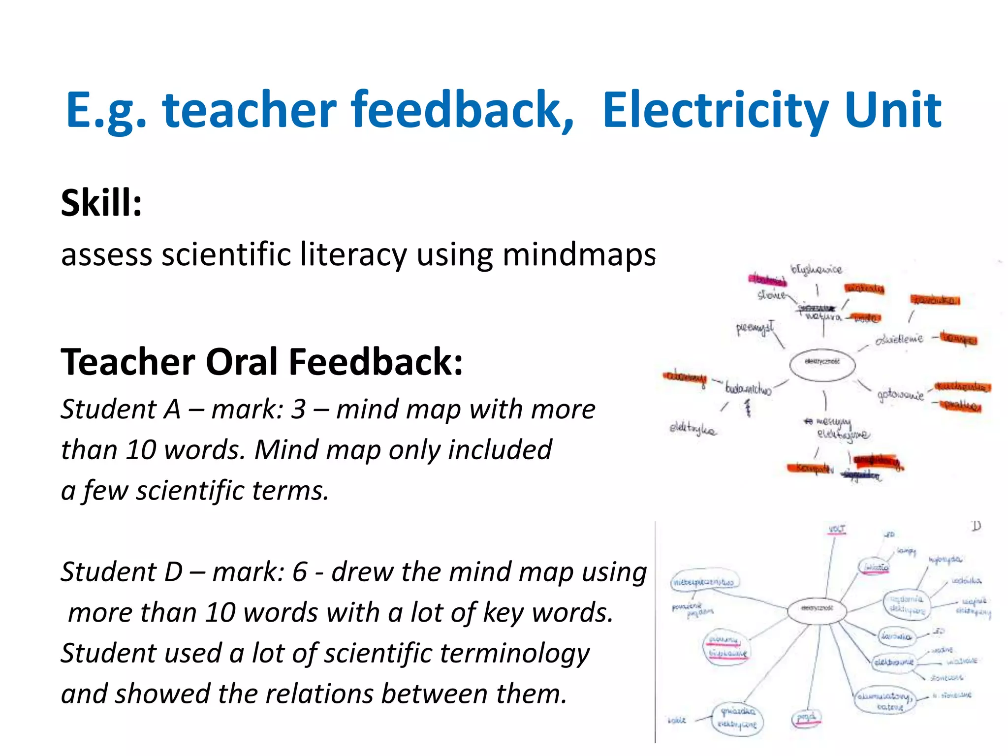 E.g. teacher feedback, Electricity Unit 
Skill: 
assess scientific literacy using mindmaps 
Teacher Oral Feedback: 
Student A – mark: 3 – mind map with more 
than 10 words. Mind map only included 
a few scientific terms. 
Student D – mark: 6 - drew the mind map using 
more than 10 words with a lot of key words. 
Student used a lot of scientific terminology 
and showed the relations between them. 
 