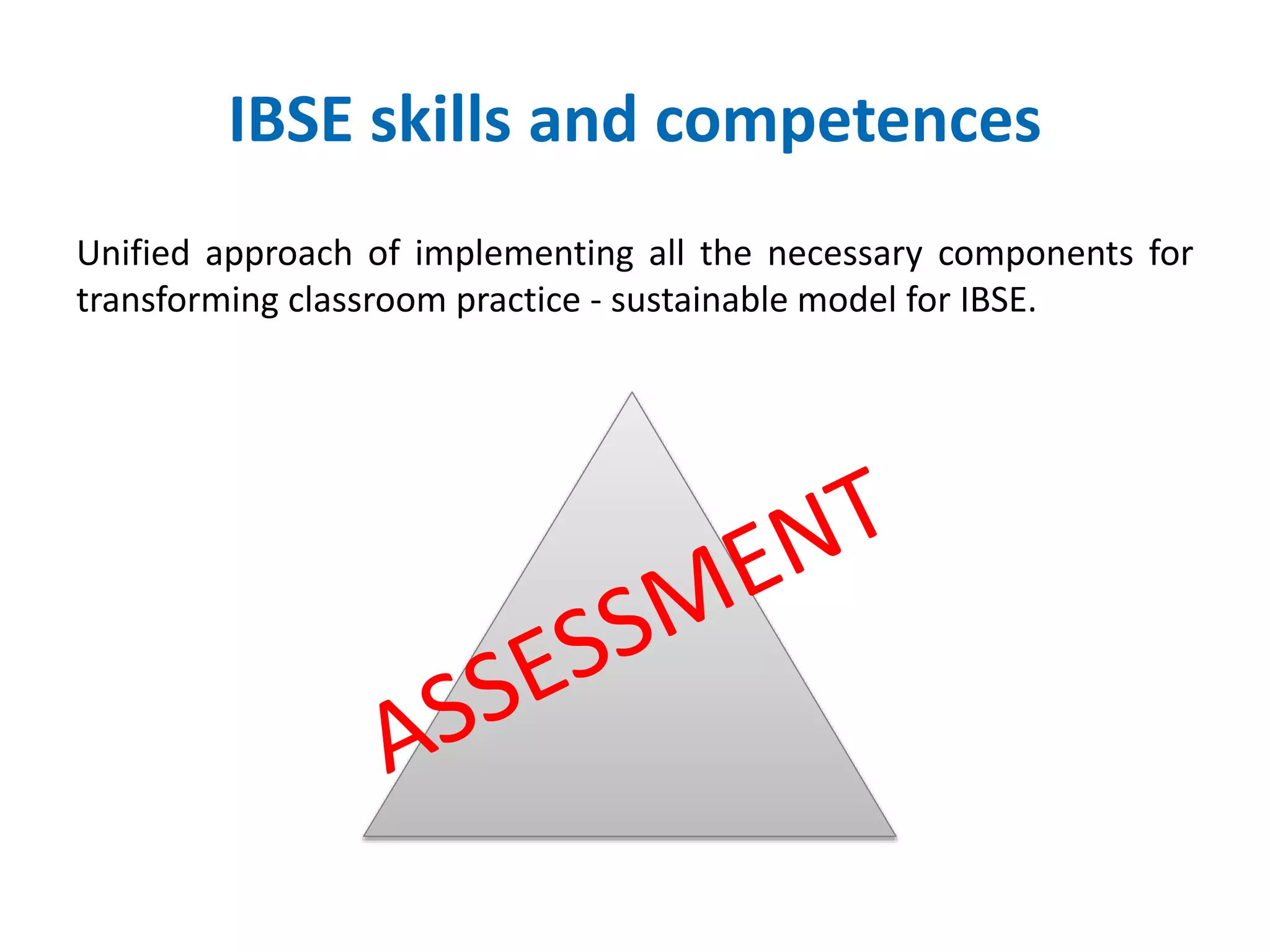 IBSE skills and competences 
Unified approach of implementing all the necessary components for 
transforming classroom practice - sustainable model for IBSE. 
 