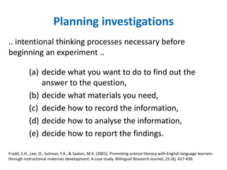 Planning investigations 
.. intentional thinking processes necessary before 
beginning an experiment .. 
(a) decide what you want to do to find out the 
answer to the question, 
(b) decide what materials you need, 
(c) decide how to record the information, 
(d) decide how to analyse the information, 
(e) decide how to report the findings. 
Fradd, S.H., Lee, O., Sutman, F.X., & Saxton, M.K. (2001). Promoting science literacy with English language learners 
through instructional materials development: A case study. Billingual Research Journal, 25 (4), 417-439. 
 