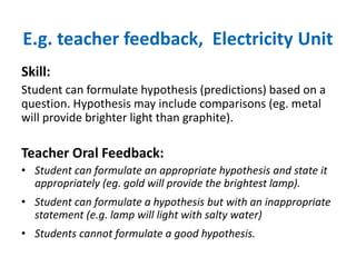 E.g. teacher feedback, Electricity Unit 
Skill: 
Student can formulate hypothesis (predictions) based on a 
question. Hypothesis may include comparisons (eg. metal 
will provide brighter light than graphite). 
Teacher Oral Feedback: 
• Student can formulate an appropriate hypothesis and state it 
appropriately (eg. gold will provide the brightest lamp). 
• Student can formulate a hypothesis but with an inappropriate 
statement (e.g. lamp will light with salty water) 
• Students cannot formulate a good hypothesis. 
 