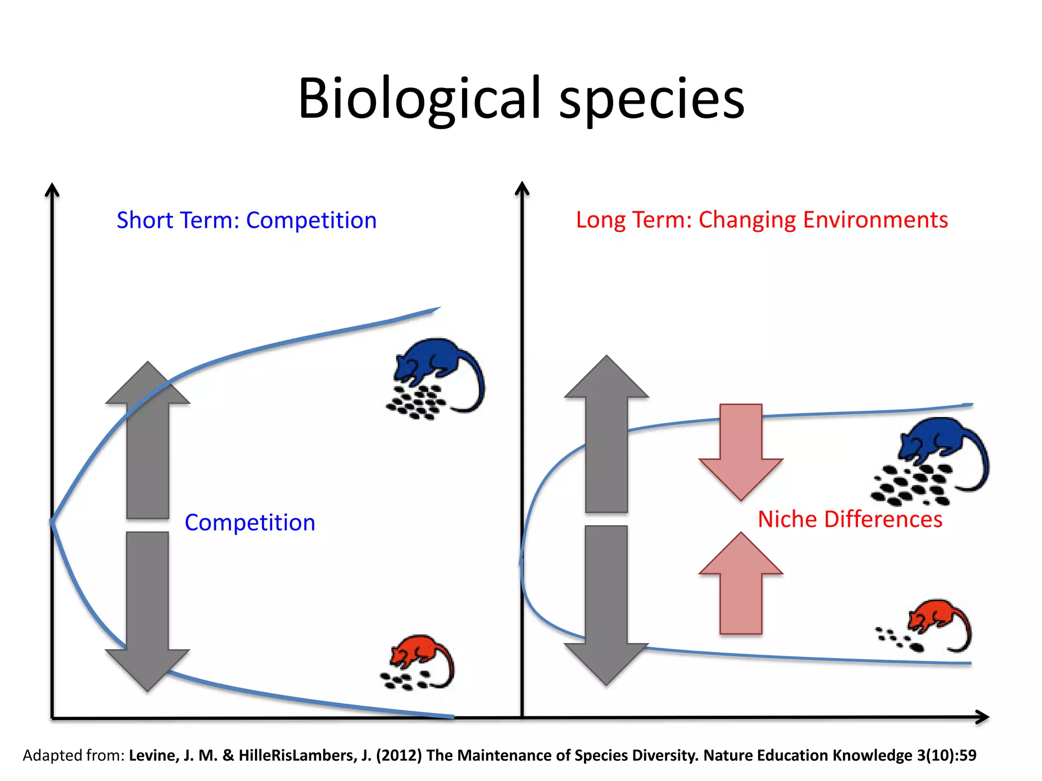 Biological species
            Short Term: Competition                                        Long Term: Changing Environments




                      Competition                                                                   Niche Differences




Adapted from: Levine, J. M. & HilleRisLambers, J. (2012) The Maintenance of Species Diversity. Nature Education Knowledge 3(10):59
 
