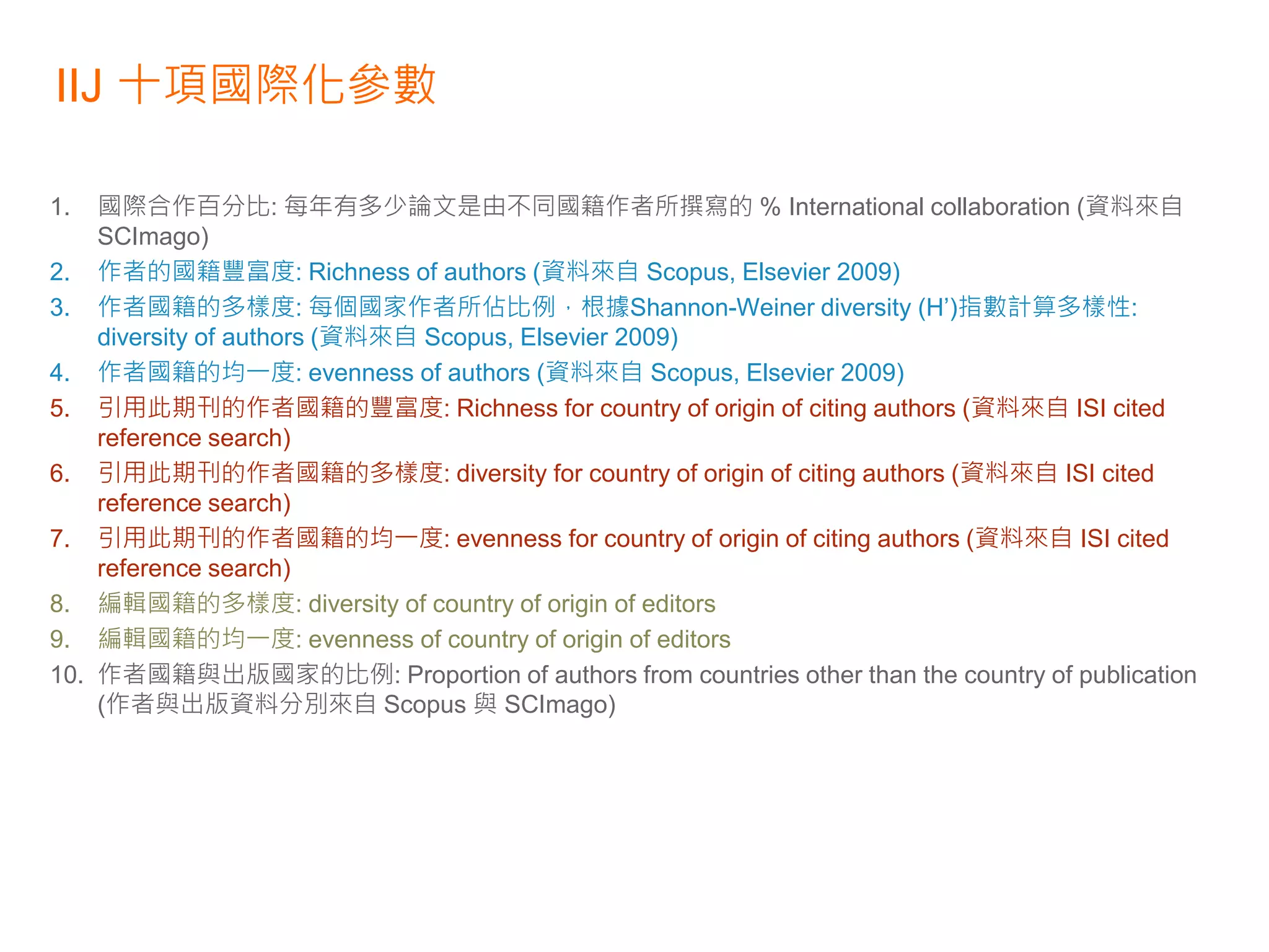 IIJ 十項國際化參數

1.  國際合作百分比: 每年有多少論文是由不同國籍作者所撰寫的 % International collaboration (資料來自
    SCImago)
2. 作者的國籍豐富度: Richness of authors (資料來自 Scopus, Elsevier 2009)
3. 作者國籍的多樣度: 每個國家作者所佔比例，根據Shannon-Weiner diversity (H’)指數計算多樣性:
    diversity of authors (資料來自 Scopus, Elsevier 2009)
4. 作者國籍的均一度: evenness of authors (資料來自 Scopus, Elsevier 2009)
5. 引用此期刊的作者國籍的豐富度: Richness for country of origin of citing authors (資料來自 ISI cited
    reference search)
6. 引用此期刊的作者國籍的多樣度: diversity for country of origin of citing authors (資料來自 ISI cited
    reference search)
7. 引用此期刊的作者國籍的均一度: evenness for country of origin of citing authors (資料來自 ISI cited
    reference search)
8. 編輯國籍的多樣度: diversity of country of origin of editors
9. 編輯國籍的均一度: evenness of country of origin of editors
10. 作者國籍與出版國家的比例: Proportion of authors from countries other than the country of publication
    (作者與出版資料分別來自 Scopus 與 SCImago)
 