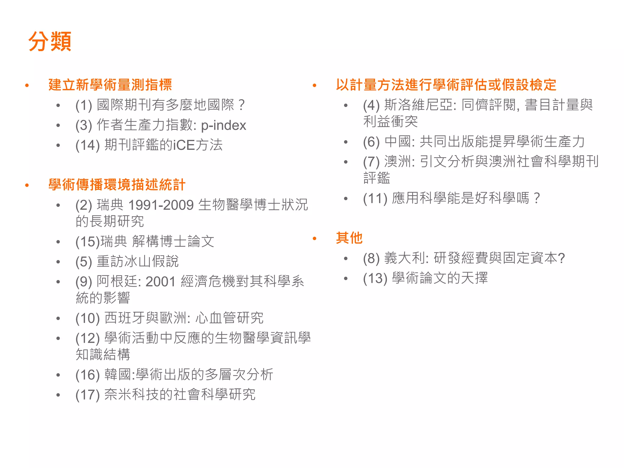 分類
•   建立新學術量測指標                    •   以計量方法進行學術評估或假設檢定
     • (1) 國際期刊有多麼地國際？                • (4) 斯洛維尼亞: 同儕評閱, 書目計量與
     • (3) 作者生產力指數: p-index             利益衝突
     • (14) 期刊評鑑的iCE方法                • (6) 中國: 共同出版能提昇學術生產力
                                      • (7) 澳洲: 引文分析與澳洲社會科學期刊
•   學術傳播環境描述統計                          評鑑
     • (2) 瑞典 1991-2009 生物醫學博士狀況      • (11) 應用科學能是好科學嗎？
       的長期研究
     • (15)瑞典 解構博士論文             •   其他
     • (5) 重訪冰山假說                     • (8) 義大利: 研發經費與固定資本?
     • (9) 阿根廷: 2001 經濟危機對其科學系        • (13) 學術論文的天擇
       統的影響
     • (10) 西班牙與歐洲: 心血管研究
     • (12) 學術活動中反應的生物醫學資訊學
       知識結構
     • (16) 韓國:學術出版的多層次分析
     • (17) 奈米科技的社會科學研究
 
