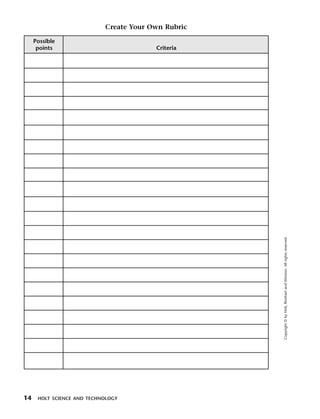 Menu          Print
                              Create Your Own Rubric

       Possible
        points                             Criteria




                                                       Copyright © by Holt, Rinehart and Winston. All rights reserved.




  14    HOLT SCIENCE AND TECHNOLOGY
 
