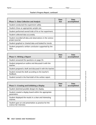 Menu          Print
  Name ____________________________________________________ Date __________________ Class _______________


                                  Teacher’s Progress Report, continued



                                                                          Date             Date
    Phase 3—Data Collection and Analysis                                  due          accomplished
    Student conducted the experiment safely.
    Student chose an appropriate sample size.
    Student performed several trials of his or her experiment.
    Student collected data accurately.
    Student recorded all data and observations in the science
    project journal.
    Student graphed or charted data and looked for trends.
    Student prepared a written conclusion supported by the
    data.


                                                                          Date             Date
    Phase 4—Writing a Report                                              due          accomplished
    Student answered the questions on page 55.
    Student prepared an outline and discussed it with the
    teacher.
    Student prepared a draft and discussed it with the teacher.




                                                                                                            Copyright © by Holt, Rinehart and Winston. All rights reserved.
    Student revised the draft according to the teacher’s
    feedback.
    Student turned in the final draft of the written report.


                                                                          Date             Date
    Phase 5—Creating and Exhibiting a Display                             due          accomplished
    Student sketched possible designs for display.
    Student created a display board within the appropriate
    parameters.
    Student displayed the results in a clear and interesting
    manner.
    Student gave an oral presentation as practice for the
    science fair interview.




  16   HOLT SCIENCE AND TECHNOLOGY
 