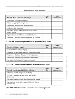 Menu         Print
  Name ____________________________________________________ Date __________________ Class _______________


                                   Student’s Progress Report, continued



                                                                          Date            Date
    Phase 3—Data Collection and Analysis                                  due         accomplished
    I conducted the experiment safely.
    I chose an appropriate sample size.
    I performed several trials of my experiment.
    I collected data accurately.
    I recorded all data and observations in my science
    project journal.
    I graphed or charted data and looked for trends.
    I prepared a written conclusion supported by the data.


  ALL RIGHT! You’ve completed Phase 3—you’re halfway there!

                                                                          Date            Date
    Phase 4—Writing a Report                                              due         accomplished
    I answered the questions on page 55.
    I prepared an outline and discussed it with my teacher.
    I prepared a draft and discussed it with my teacher.




                                                                                                            Copyright © by Holt, Rinehart and Winston. All rights reserved.
    I revised the draft according to my teacher’s feedback.
    I turned in the final draft of my written report.


  FANTASTIC! You’ve completed Phase 4—you’re almost done!

                                                                          Date            Date
    Phase 5—Creating and Exhibiting a Display                             due         accomplished
    I sketched possible designs for my display.
    I created a display board within the appropriate
    parameters.
    I displayed the results in a clear and interesting manner.
    I gave an oral presentation as practice for the science
    fair interview.


  CONGRATULATIONS! You’ve completed your science project!



  36    HOLT SCIENCE AND TECHNOLOGY
 
