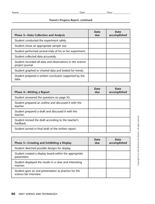 Menu         Print
  Name ____________________________________________________ Date __________________ Class _______________

                                  Parent’s Progress Report, continued



                                                                         Date             Date
    Phase 3—Data Collection and Analysis                                 due          accomplished
    Student conducted the experiment safely.
    Student chose an appropriate sample size.
    Student performed several trials of his or her experiment.
    Student collected data accurately.
    Student recorded all data and observations in the science
    project journal.
    Student graphed or charted data and looked for trends.
    Student prepared a written conclusion supported by the
    data.


                                                                         Date             Date
    Phase 4—Writing a Report                                             due          accomplished
    Student answered the questions on page 55.
    Student prepared an outline and discussed it with the
    teacher.
    Student prepared a draft and discussed it with the
    teacher.




                                                                                                            Copyright © by Holt, Rinehart and Winston. All rights reserved.
    Student revised the draft according to the teacher’s
    feedback.
    Student turned in final draft of the written report.


                                                                         Date             Date
    Phase 5—Creating and Exhibiting a Display                            due          accomplished
    Student sketched possible designs for display.
    Student created a display board within the appropriate
    parameters.
    Student displayed the results in a clear and interesting
    manner.
    Student gave an oral presentation as practice for the
    science fair interview.




  66   HOLT SCIENCE AND TECHNOLOGY
 