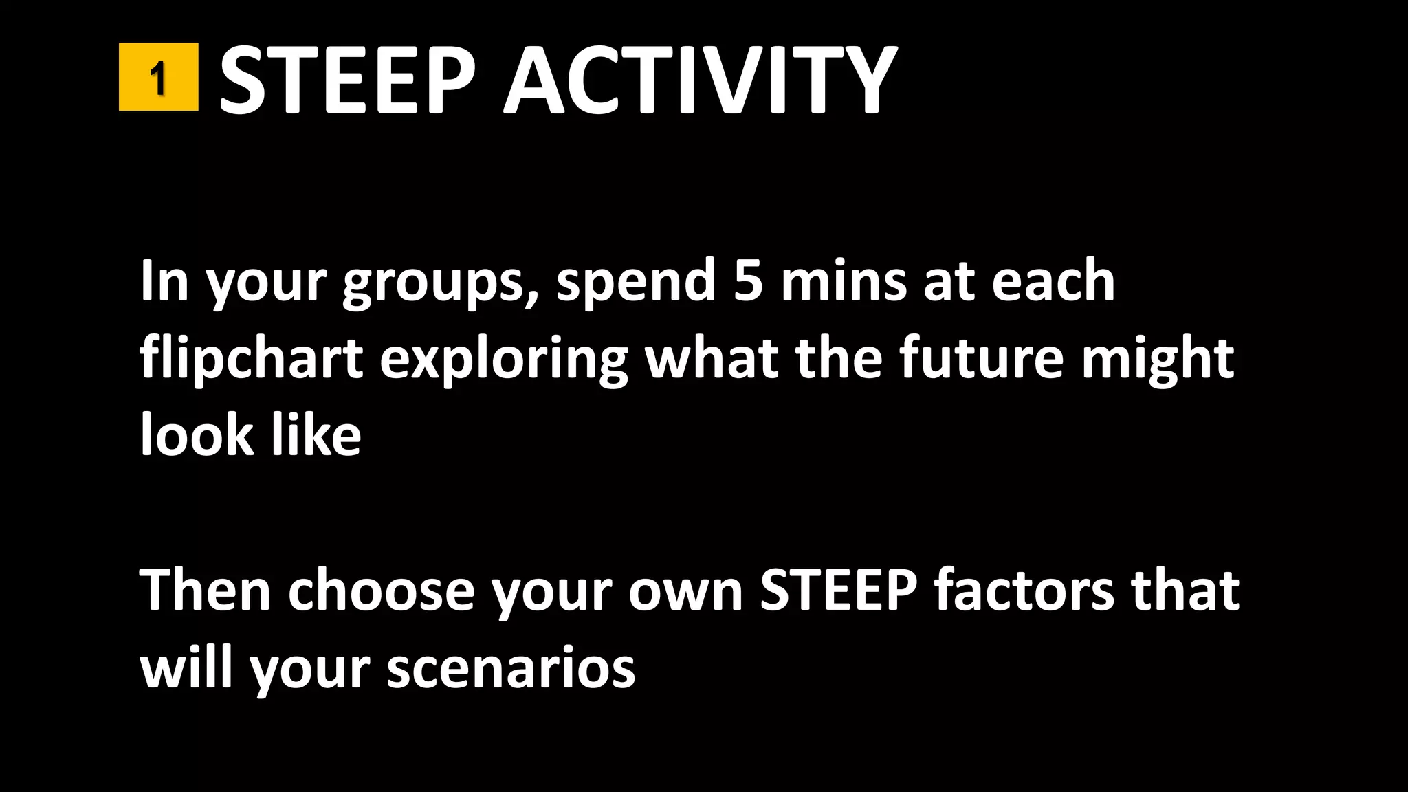 STEEP ACTIVITY1
In your groups, spend 5 mins at each
flipchart exploring what the future might
look like
Then choose your own STEEP factors that
will your scenarios
 