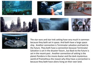 The star wars and star trek setting have very much in common
because they both set in space. And both have a large space
ship. Another connection is Terminator salvation and back to
the future. They both have a connection because Terminator
Salvation is set in the disaster future , but Back to the future is
set in the recent past . Another connection of setting is the
planet Pandora in the movie Avatar and the dark mysterious
world of Prometheus the reason why they have a connection is
because they both have aliens living on their own land.
 