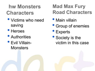 hw Monsters
Characters
• Victims who need
saving
• Heroes
• Authorities
• Evil Villain-
Monsters
Mad Max Fury
Road Characters
• Main villain
• Group of enemies
• Experts
• Society is the
victim in this case
 