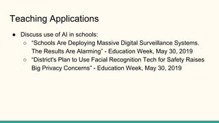 Teaching Applications
● Discuss use of AI in schools:
○ “Schools Are Deploying Massive Digital Surveillance Systems.
The R...