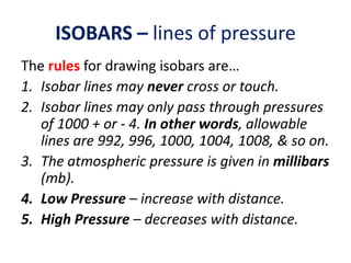 ISOBARS – lines of pressure
The rules for drawing isobars are…
1. Isobar lines may never cross or touch.
2. Isobar lines may only pass through pressures
of 1000 + or - 4. In other words, allowable
lines are 992, 996, 1000, 1004, 1008, & so on.
3. The atmospheric pressure is given in millibars
(mb).
4. Low Pressure – increase with distance.
5. High Pressure – decreases with distance.

 