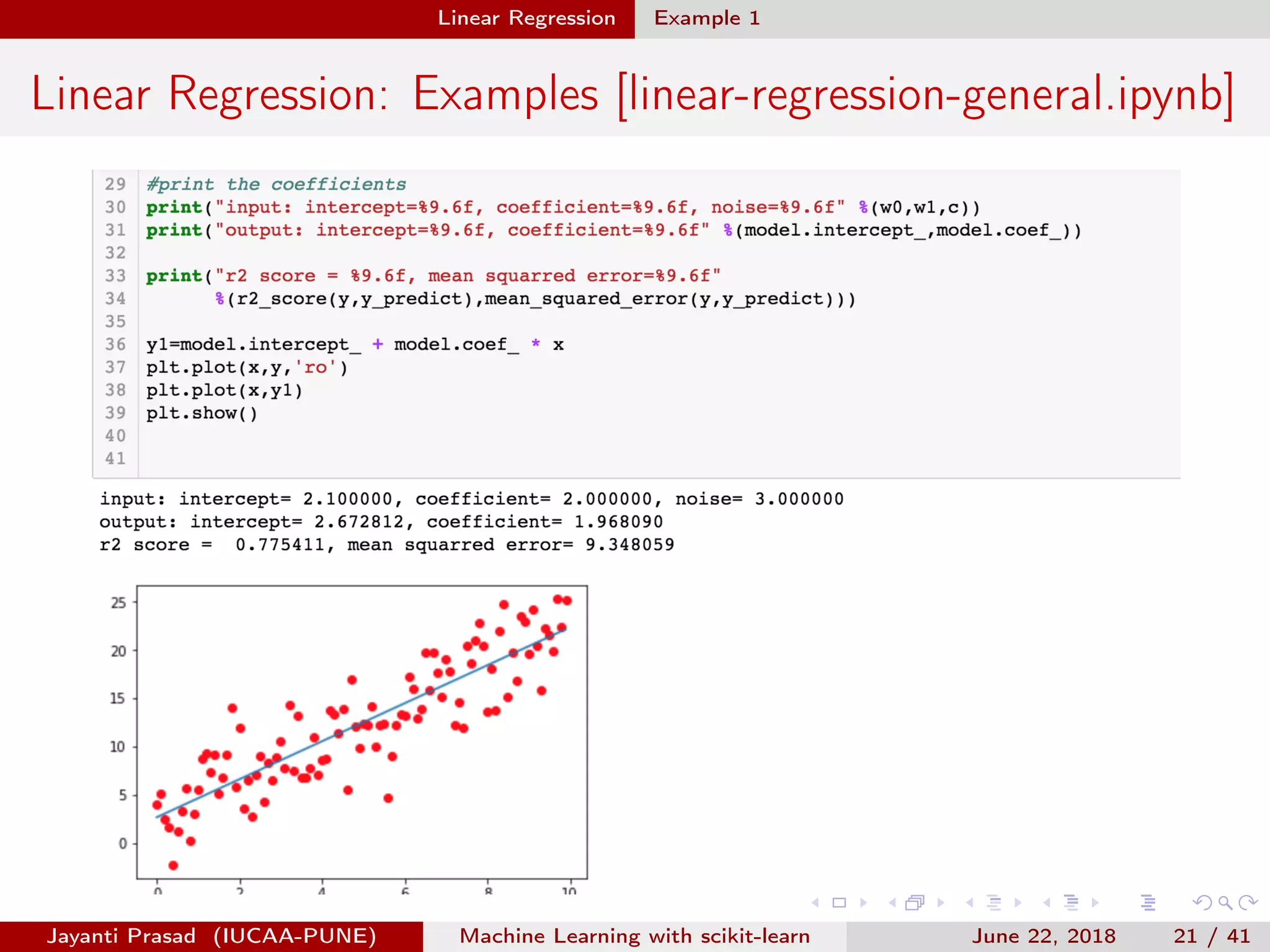 Linear Regression Example 1
Linear Regression: Examples [linear-regression-general.ipynb]
Jayanti Prasad (IUCAA-PUNE) Machine Learning with scikit-learn June 22, 2018 21 / 41
 