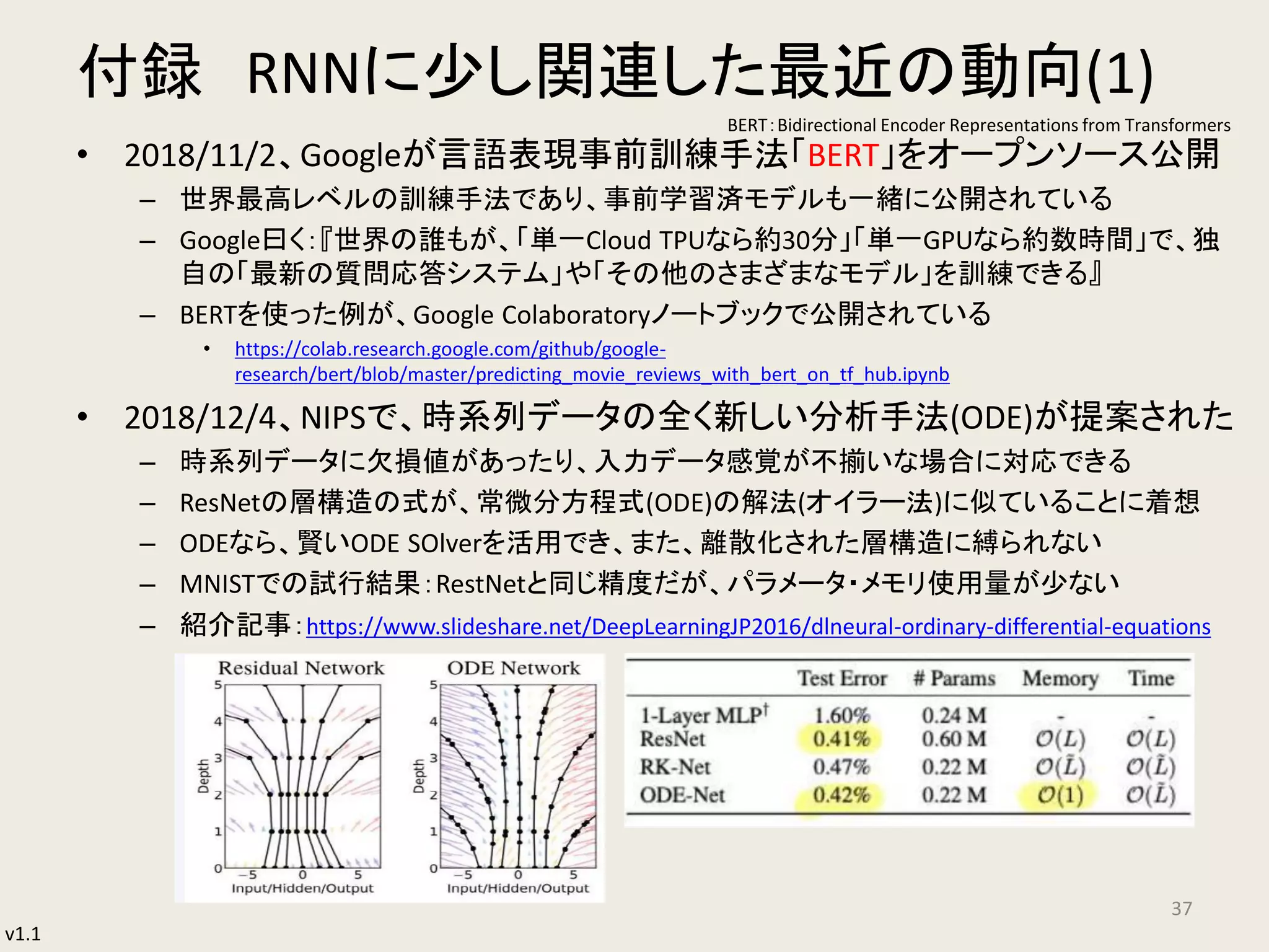 v1.1
付録 RNNに少し関連した最近の動向(1)
• 2018/11/2、Googleが言語表現事前訓練手法「BERT」をオープンソース公開
– 世界最高レベルの訓練手法であり、事前学習済モデルも一緒に公開されている
– Google曰く：『世界の誰もが、「単一Cloud TPUなら約30分」「単一GPUなら約数時間」で、独
自の「最新の質問応答システム」や「その他のさまざまなモデル」を訓練できる』
– BERTを使った例が、Google Colaboratoryノートブックで公開されている
• https://colab.research.google.com/github/google-
research/bert/blob/master/predicting_movie_reviews_with_bert_on_tf_hub.ipynb
• 2018/12/4、NIPSで、時系列データの全く新しい分析手法(ODE)が提案された
– 時系列データに欠損値があったり、入力データ感覚が不揃いな場合に対応できる
– ResNetの層構造の式が、常微分方程式(ODE)の解法(オイラー法)に似ていることに着想
– ODEなら、賢いODE SOlverを活用でき、また、離散化された層構造に縛られない
– MNISTでの試行結果：RestNetと同じ精度だが、パラメータ・メモリ使用量が少ない
– 紹介記事：https://www.slideshare.net/DeepLearningJP2016/dlneural-ordinary-differential-equations
37
BERT：Bidirectional Encoder Representations from Transformers
 