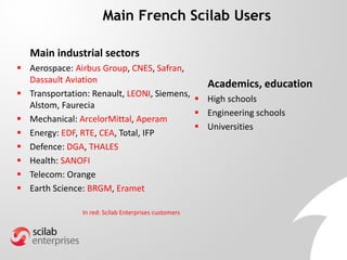Main French Scilab Users
Main industrial sectors
 Aerospace: Airbus Group, CNES, Safran,
Dassault Aviation
 Transportation: Renault, LEONI, Siemens,
Alstom, Faurecia
 Mechanical: ArcelorMittal, Aperam
 Energy: EDF, RTE, CEA, Total, IFP
 Defence: DGA, THALES
 Health: SANOFI
 Telecom: Orange
 Earth Science: BRGM, Eramet
Academics, education
 High schools
 Engineering schools
 Universities
In red: Scilab Enterprises customers
 