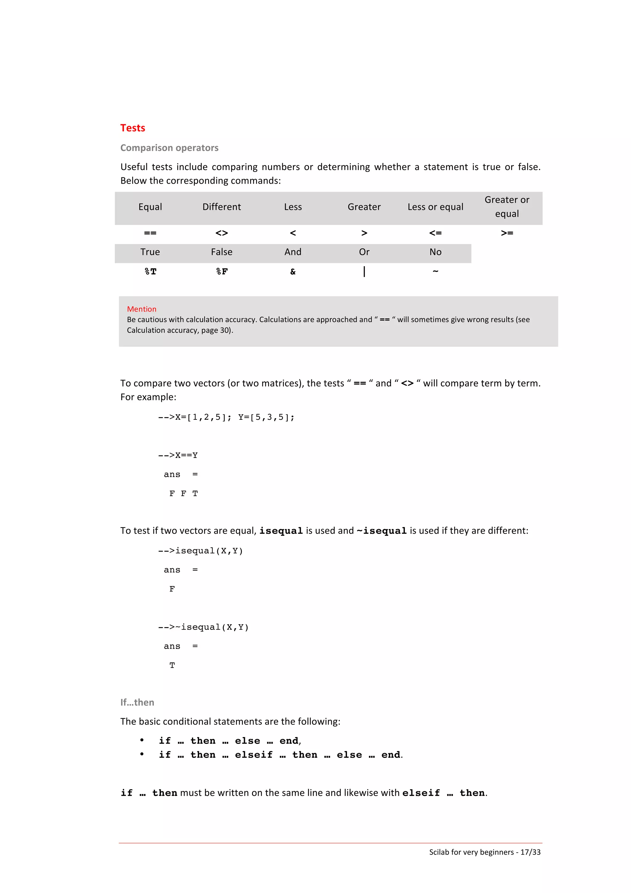 Scilab	
  for	
  very	
  beginners	
  -­‐	
  17/33	
  
Tests	
  
Comparison	
  operators	
  
Useful	
   tests	
   include	
   comparing	
   numbers	
   or	
   determining	
   whether	
   a	
   statement	
   is	
   true	
   or	
   false.	
  
Below	
  the	
  corresponding	
  commands:	
  
Equal	
   Different	
   Less	
   Greater	
   Less	
  or	
  equal	
  
Greater	
  or	
  
equal	
  
== <> < > <= >=
True	
   False	
   And	
   Or	
   No	
  
%T %F & | ~
	
  
	
  
To	
  compare	
  two	
  vectors	
  (or	
  two	
  matrices),	
  the	
  tests	
  “	
  ==	
  “	
  and	
  “	
  <>	
  “	
  will	
  compare	
  term	
  by	
  term.	
  
For	
  example:	
  
-->X=[1,2,5]; Y=[5,3,5];
-->X==Y
ans =
F F T
	
  
To	
  test	
  if	
  two	
  vectors	
  are	
  equal,	
  isequal	
  is	
  used	
  and	
  ~isequal	
  is	
  used	
  if	
  they	
  are	
  different:	
  
-->isequal(X,Y)
ans =
F
-->~isequal(X,Y)
ans =
T
	
  
If…then	
  
The	
  basic	
  conditional	
  statements	
  are	
  the	
  following:	
  
• if … then … else … end,	
  	
  
• if … then … elseif … then … else … end.	
  
	
  
if … then	
  must	
  be	
  written	
  on	
  the	
  same	
  line	
  and	
  likewise	
  with	
  elseif … then.	
  
	
  
Mention	
  
Be	
  cautious	
  with	
  calculation	
  accuracy.	
  Calculations	
  are	
  approached	
  and	
  “	
  ==	
  “	
  will	
  sometimes	
  give	
  wrong	
  results	
  (see	
  
Calculation	
  accuracy,	
  page	
  30).	
  
 