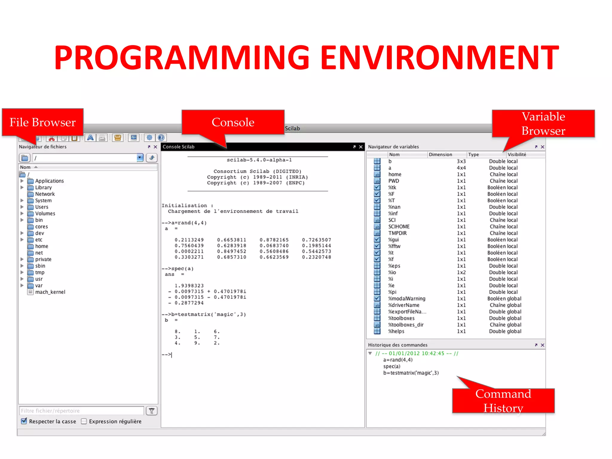 PROGRAMMING ENVIRONMENT 
Variable 
Browser 
File Browser 
Command 
History 
Console 
 