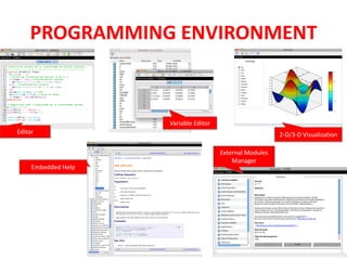 PROGRAMMING ENVIRONMENT 
Editor 2-D/3-D Visualization 
Embedded Help 
External Modules 
Manager 
Variable Editor 
 