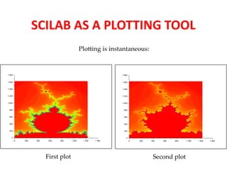 SCILAB AS A PLOTTING TOOL 
Plotting is instantaneous: 
First plot Second plot 
 
