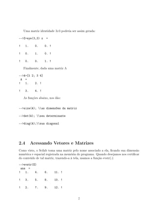 Uma matriz identidade 3x3 poderia ser assim gerada:
--Z=eye(3,3) z =
! 1. 0. 0. !
! 0. 1. 0. !
! 0. 0. 1. !
Finalmente, dada uma matriz A
--A=[1 2; 3 4]
A =
! 1. 2. !
! 3. 4. !
As funções abaixo, nos dão:
--size(A); as dimensões da matriz
--det(A); seu determinante
--diag(A);sua diagonal
2.4 Acessando Vetores e Matrizes
Como visto, o Scilab toma uma matriz pelo nome associado a ela, cando sua dimensão
numérica e espacial registrada na memória do programa. Quando desejamos nos certicar
do conteúdo de tal matriz, trazendo-a à tela, usamos a função evstr(.):
--evstr(E)
ans =
! 1. 4. 6. 11. !
! 3. 5. 8. 10. !
! 2. 7. 9. 12. !
7
 