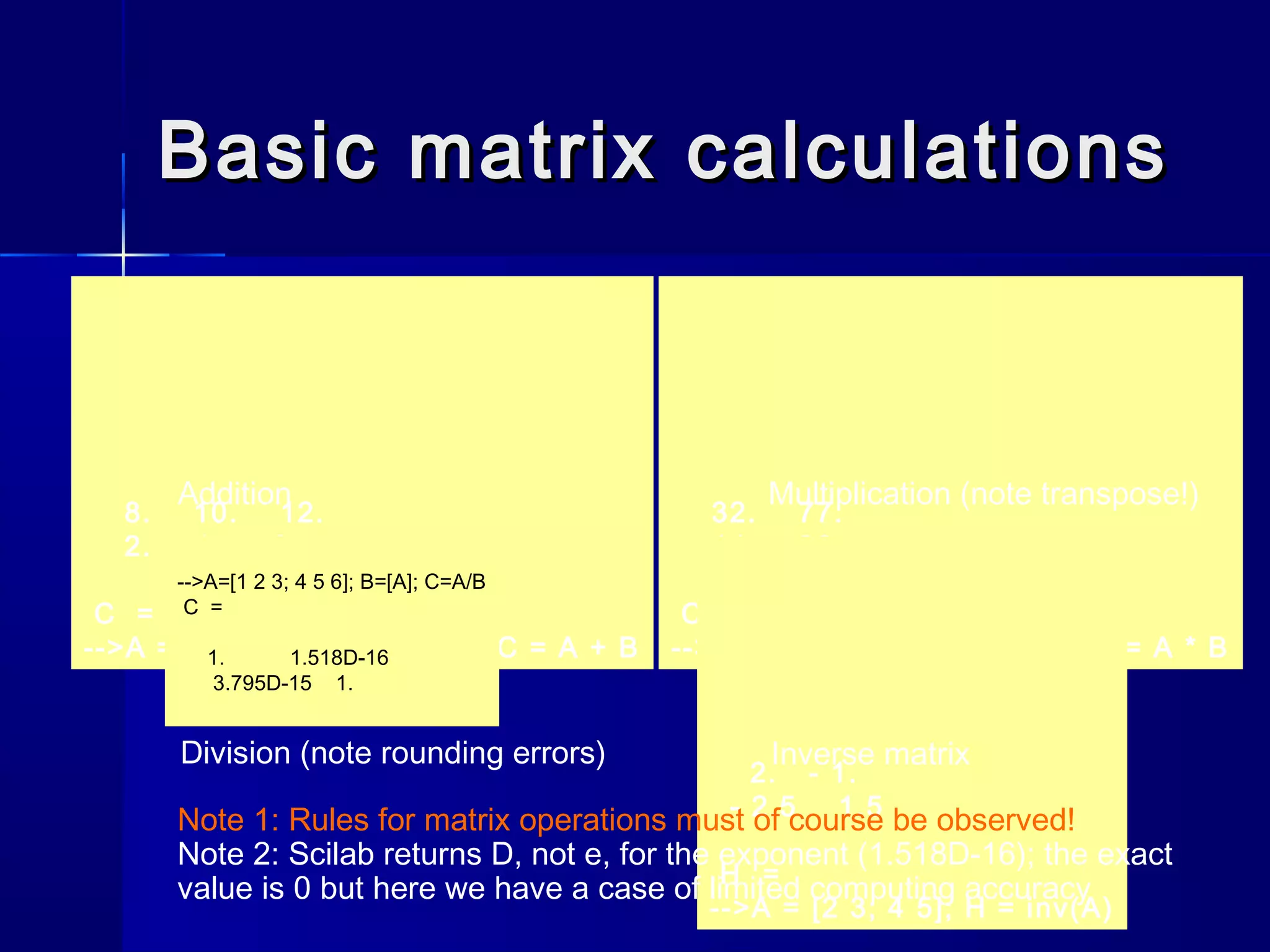 Basic matrix calculationsBasic matrix calculations
8. 10. 12.
2. 4. 6.
C =
-->A = [1 2 3; 4 5 6]; B = A; C = A + B
32. 77.
14. 32.
C =
-->A = [1 2 3; 4 5 6]; B = A'; C = A * B
Addition Multiplication (note transpose!)
Division (note rounding errors)
2. - 1.
- 2.5 1.5
H =
-->A = [2 3; 4 5]; H = inv(A)
Inverse matrix
Note 1: Rules for matrix operations must of course be observed!
Note 2: Scilab returns D, not e, for the exponent (1.518D-16); the exact
value is 0 but here we have a case of limited computing accuracy
-->A=[1 2 3; 4 5 6]; B=[A]; C=A/B
C =
1. 1.518D-16
3.795D-15 1.
 