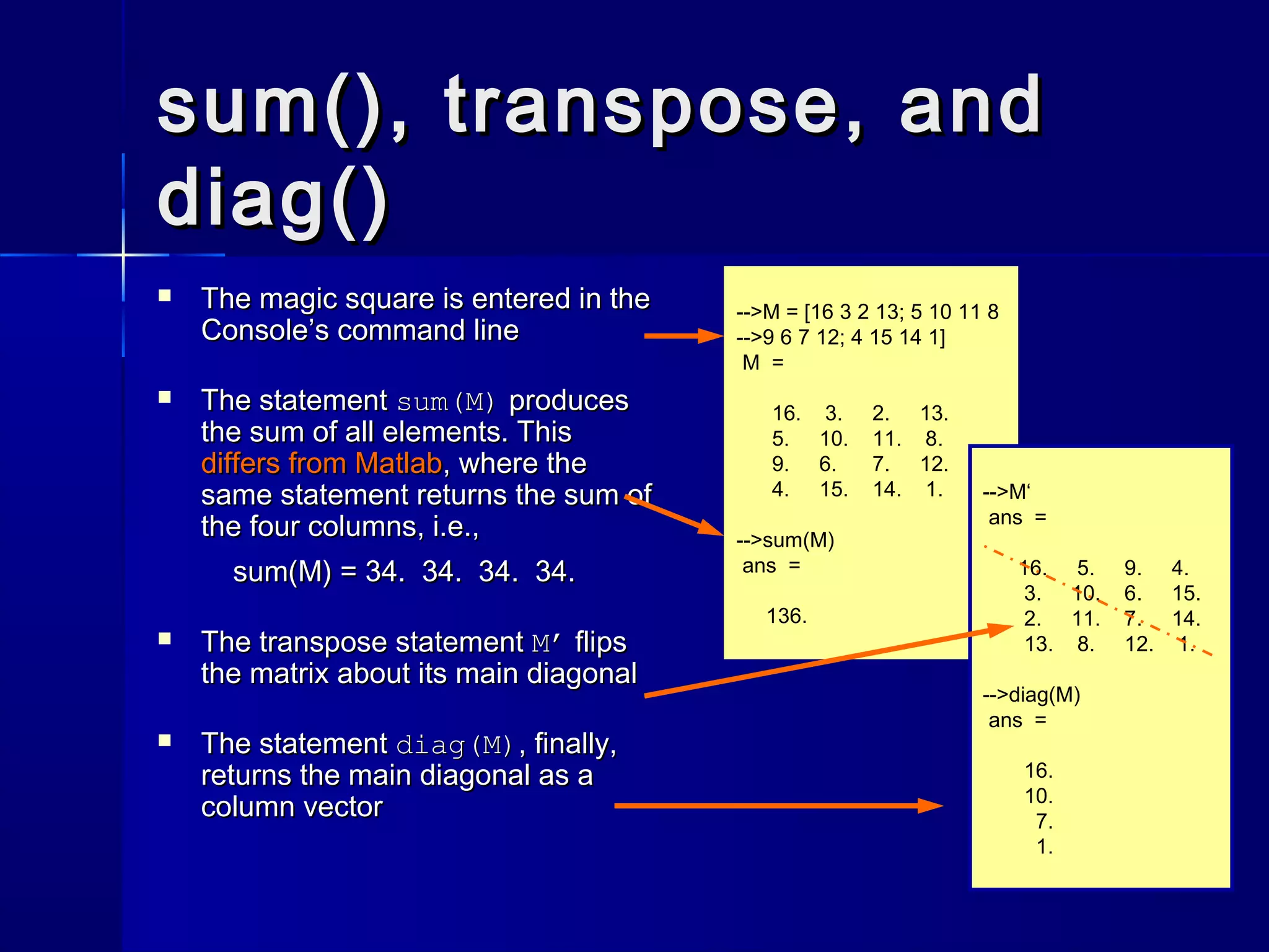 -->M = [16 3 2 13; 5 10 11 8
-->9 6 7 12; 4 15 14 1]
M =
16. 3. 2. 13.
5. 10. 11. 8.
9. 6. 7. 12.
4. 15. 14. 1.
-->sum(M)
ans =
136.
sum(), transpose, andsum(), transpose, and
diag()diag()
 The magic square is entered in theThe magic square is entered in the
Console’s command lineConsole’s command line
 The statementThe statement sum(M)sum(M) producesproduces
the sum of all elements. Thisthe sum of all elements. This
differs from Matlabdiffers from Matlab, where the, where the
same statement returns the sum ofsame statement returns the sum of
the four columns, i.e.,the four columns, i.e.,
sum(M) = 34. 34. 34. 34.sum(M) = 34. 34. 34. 34.
 The transpose statementThe transpose statement M’M’ flipsflips
the matrix about its main diagonalthe matrix about its main diagonal
 The statementThe statement diag(M)diag(M), finally,, finally,
returns the main diagonal as areturns the main diagonal as a
column vectorcolumn vector
-->M‘
ans =
16. 5. 9. 4.
3. 10. 6. 15.
2. 11. 7. 14.
13. 8. 12. 1.
-->diag(M)
ans =
16.
10.
7.
1.
 