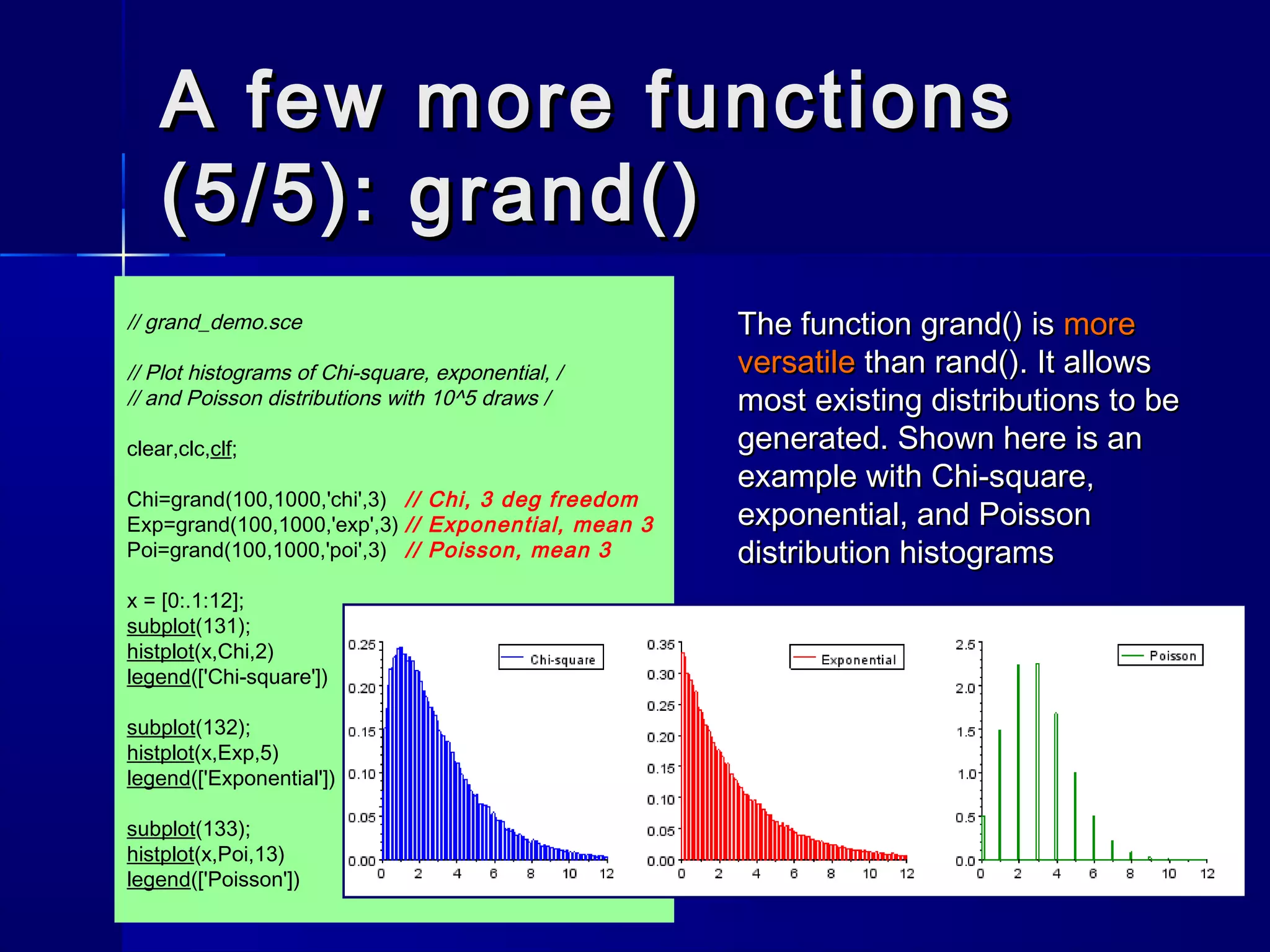 A few more functionsA few more functions
(5/5): grand()(5/5): grand()
// grand_demo.sce
// Plot histograms of Chi-square, exponential, /
// and Poisson distributions with 10^5 draws /
clear,clc,clf;
Chi=grand(100,1000,'chi',3) // Chi, 3 deg freedom
Exp=grand(100,1000,'exp',3) // Exponential, mean 3
Poi=grand(100,1000,'poi',3) // Poisson, mean 3
x = [0:.1:12];
subplot(131);
histplot(x,Chi,2)
legend(['Chi-square'])
subplot(132);
histplot(x,Exp,5)
legend(['Exponential'])
subplot(133);
histplot(x,Poi,13)
legend(['Poisson'])
The functionThe function grand()grand() isis moremore
versatileversatile thanthan rand()rand(). It allows. It allows
most existing distributions to bemost existing distributions to be
generated. Shown here is angenerated. Shown here is an
example with Chi-square,example with Chi-square,
exponential, and Poissonexponential, and Poisson
distribution histogramsdistribution histograms
 