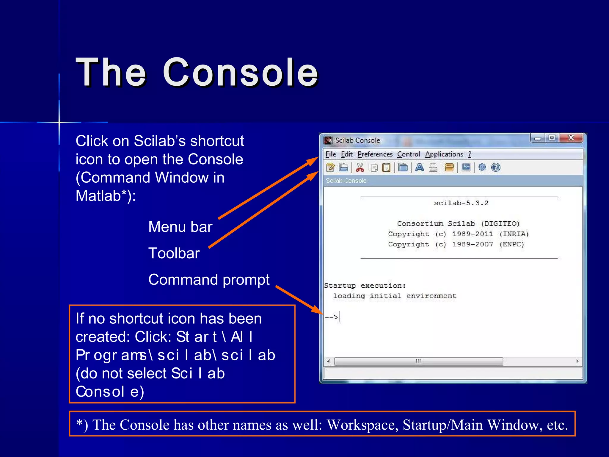 The ConsoleThe Console
Menu bar
Toolbar
Command prompt
If no shortcut icon has been
created: Click: St ar t  Al l
Pr ogr ams sci l ab sci l ab
(do not select Sci l ab
Consol e)
Click on Scilab’s shortcut
icon to open the Console
(Command Window in
Matlab*):
*) The Console has other names as well: Workspace, Startup/Main Window, etc.
 