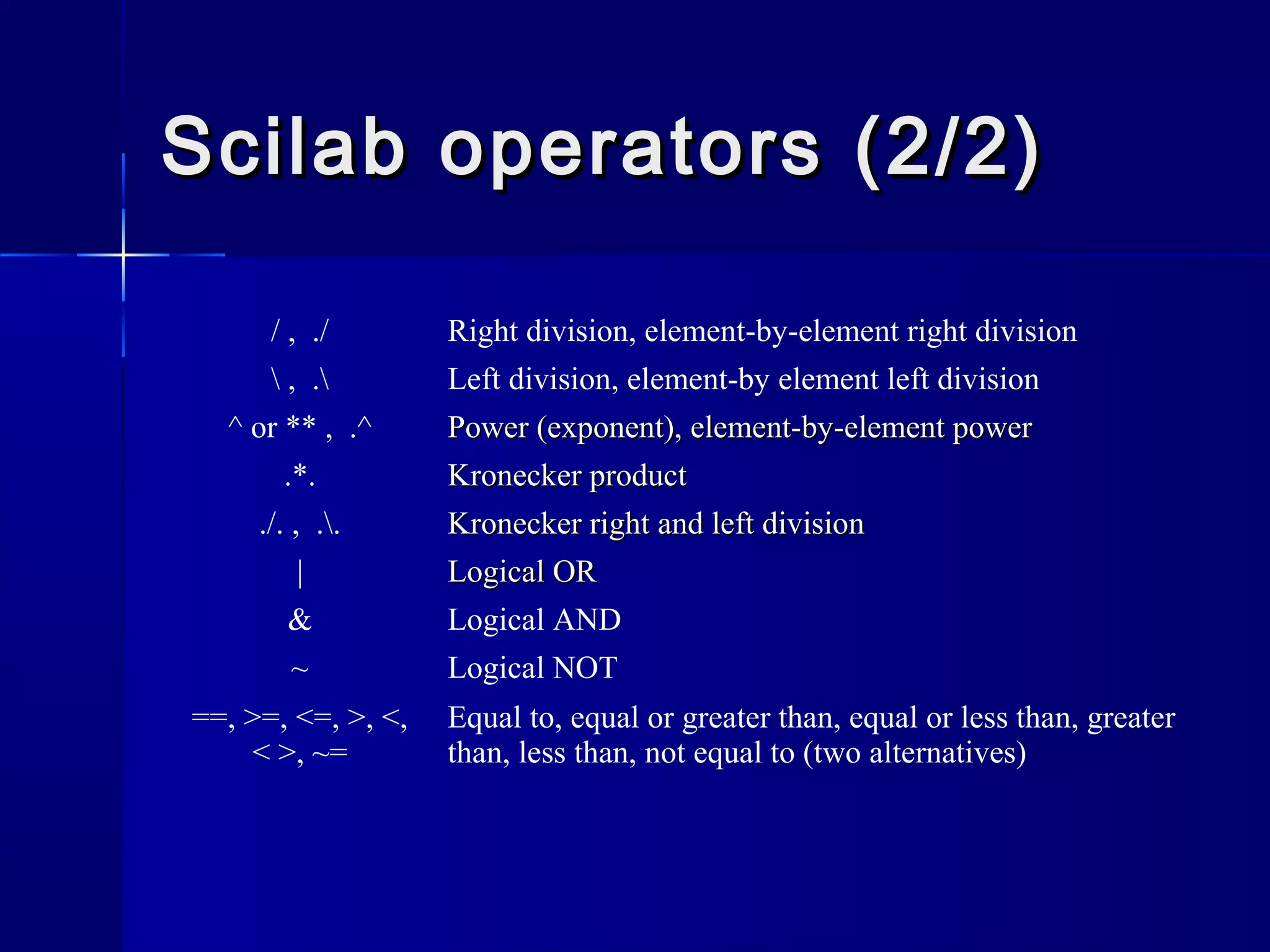 Scilab operators (2/2)Scilab operators (2/2)
/ , ./ Right division, element-by-element right division
 , . Left division, element-by element left division
^ or ** , .^ Power (exponent), element-by-element powerPower (exponent), element-by-element power
.*. Kronecker productKronecker product
./. , .. Kronecker right and left divisionKronecker right and left division
| Logical ORLogical OR
& Logical AND
~ Logical NOT
==, >=, <=, >, <,
< >, ~=
Equal to, equal or greater than, equal or less than, greater
than, less than, not equal to (two alternatives)
 