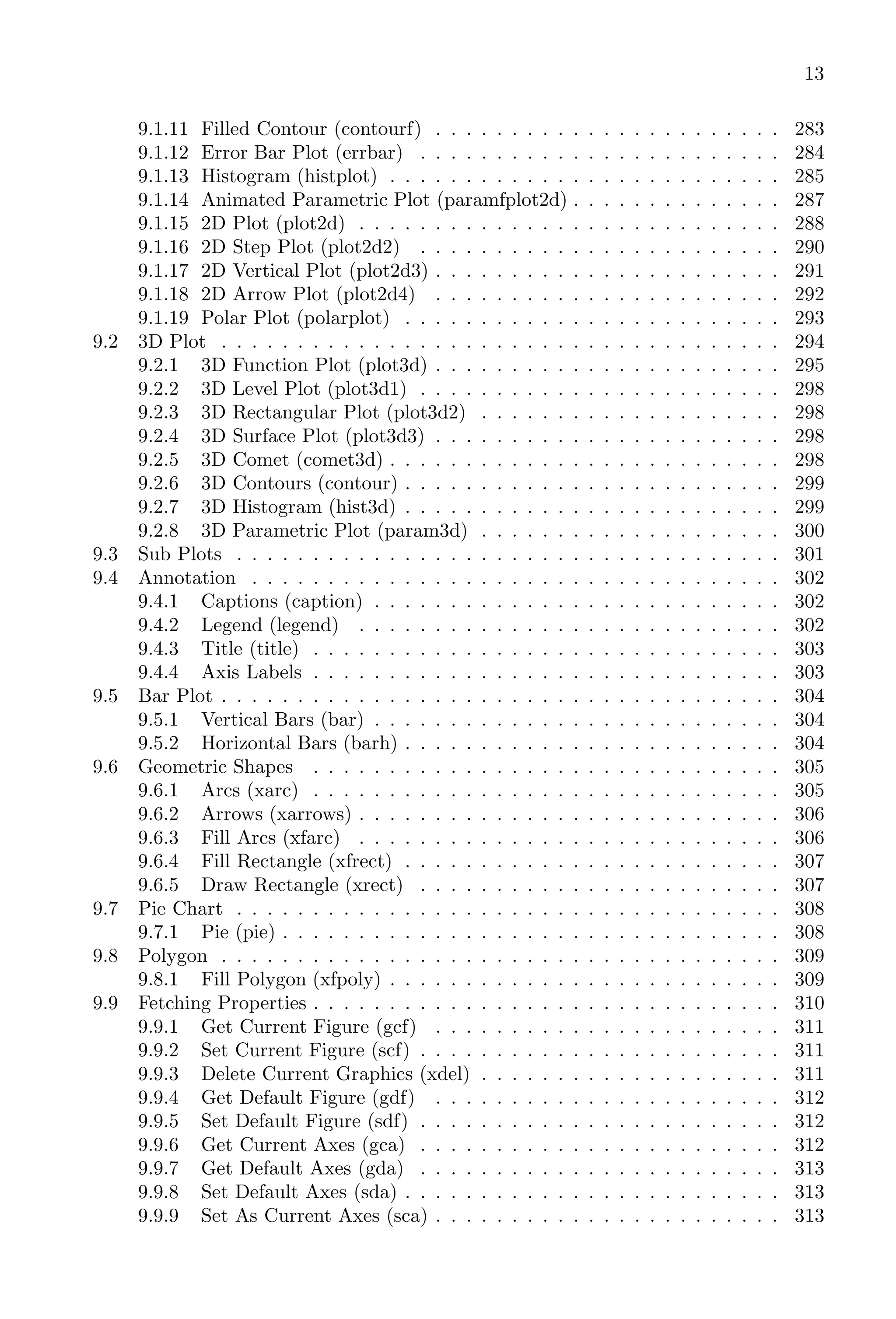 13
9.1.11 Filled Contour (contourf) . . . . . . . . . . . . . . . . . . . . . . . 283
9.1.12 Error Bar Plot (errbar) . . . . . . . . . . . . . . . . . . . . . . . . 284
9.1.13 Histogram (histplot) . . . . . . . . . . . . . . . . . . . . . . . . . . 285
9.1.14 Animated Parametric Plot (paramfplot2d) . . . . . . . . . . . . . . 287
9.1.15 2D Plot (plot2d) . . . . . . . . . . . . . . . . . . . . . . . . . . . . 288
9.1.16 2D Step Plot (plot2d2) . . . . . . . . . . . . . . . . . . . . . . . . 290
9.1.17 2D Vertical Plot (plot2d3) . . . . . . . . . . . . . . . . . . . . . . . 291
9.1.18 2D Arrow Plot (plot2d4) . . . . . . . . . . . . . . . . . . . . . . . 292
9.1.19 Polar Plot (polarplot) . . . . . . . . . . . . . . . . . . . . . . . . . 293
9.2 3D Plot . . . . . . . . . . . . . . . . . . . . . . . . . . . . . . . . . . . . . 294
9.2.1 3D Function Plot (plot3d) . . . . . . . . . . . . . . . . . . . . . . . 295
9.2.2 3D Level Plot (plot3d1) . . . . . . . . . . . . . . . . . . . . . . . . 298
9.2.3 3D Rectangular Plot (plot3d2) . . . . . . . . . . . . . . . . . . . . 298
9.2.4 3D Surface Plot (plot3d3) . . . . . . . . . . . . . . . . . . . . . . . 298
9.2.5 3D Comet (comet3d) . . . . . . . . . . . . . . . . . . . . . . . . . . 298
9.2.6 3D Contours (contour) . . . . . . . . . . . . . . . . . . . . . . . . . 299
9.2.7 3D Histogram (hist3d) . . . . . . . . . . . . . . . . . . . . . . . . . 299
9.2.8 3D Parametric Plot (param3d) . . . . . . . . . . . . . . . . . . . . 300
9.3 Sub Plots . . . . . . . . . . . . . . . . . . . . . . . . . . . . . . . . . . . . 301
9.4 Annotation . . . . . . . . . . . . . . . . . . . . . . . . . . . . . . . . . . . 302
9.4.1 Captions (caption) . . . . . . . . . . . . . . . . . . . . . . . . . . . 302
9.4.2 Legend (legend) . . . . . . . . . . . . . . . . . . . . . . . . . . . . 302
9.4.3 Title (title) . . . . . . . . . . . . . . . . . . . . . . . . . . . . . . . 303
9.4.4 Axis Labels . . . . . . . . . . . . . . . . . . . . . . . . . . . . . . . 303
9.5 Bar Plot . . . . . . . . . . . . . . . . . . . . . . . . . . . . . . . . . . . . . 304
9.5.1 Vertical Bars (bar) . . . . . . . . . . . . . . . . . . . . . . . . . . . 304
9.5.2 Horizontal Bars (barh) . . . . . . . . . . . . . . . . . . . . . . . . . 304
9.6 Geometric Shapes . . . . . . . . . . . . . . . . . . . . . . . . . . . . . . . 305
9.6.1 Arcs (xarc) . . . . . . . . . . . . . . . . . . . . . . . . . . . . . . . 305
9.6.2 Arrows (xarrows) . . . . . . . . . . . . . . . . . . . . . . . . . . . . 306
9.6.3 Fill Arcs (xfarc) . . . . . . . . . . . . . . . . . . . . . . . . . . . . 306
9.6.4 Fill Rectangle (xfrect) . . . . . . . . . . . . . . . . . . . . . . . . . 307
9.6.5 Draw Rectangle (xrect) . . . . . . . . . . . . . . . . . . . . . . . . 307
9.7 Pie Chart . . . . . . . . . . . . . . . . . . . . . . . . . . . . . . . . . . . . 308
9.7.1 Pie (pie) . . . . . . . . . . . . . . . . . . . . . . . . . . . . . . . . . 308
9.8 Polygon . . . . . . . . . . . . . . . . . . . . . . . . . . . . . . . . . . . . . 309
9.8.1 Fill Polygon (xfpoly) . . . . . . . . . . . . . . . . . . . . . . . . . . 309
9.9 Fetching Properties . . . . . . . . . . . . . . . . . . . . . . . . . . . . . . . 310
9.9.1 Get Current Figure (gcf) . . . . . . . . . . . . . . . . . . . . . . . 311
9.9.2 Set Current Figure (scf) . . . . . . . . . . . . . . . . . . . . . . . . 311
9.9.3 Delete Current Graphics (xdel) . . . . . . . . . . . . . . . . . . . . 311
9.9.4 Get Default Figure (gdf) . . . . . . . . . . . . . . . . . . . . . . . 312
9.9.5 Set Default Figure (sdf) . . . . . . . . . . . . . . . . . . . . . . . . 312
9.9.6 Get Current Axes (gca) . . . . . . . . . . . . . . . . . . . . . . . . 312
9.9.7 Get Default Axes (gda) . . . . . . . . . . . . . . . . . . . . . . . . 313
9.9.8 Set Default Axes (sda) . . . . . . . . . . . . . . . . . . . . . . . . . 313
9.9.9 Set As Current Axes (sca) . . . . . . . . . . . . . . . . . . . . . . . 313
 