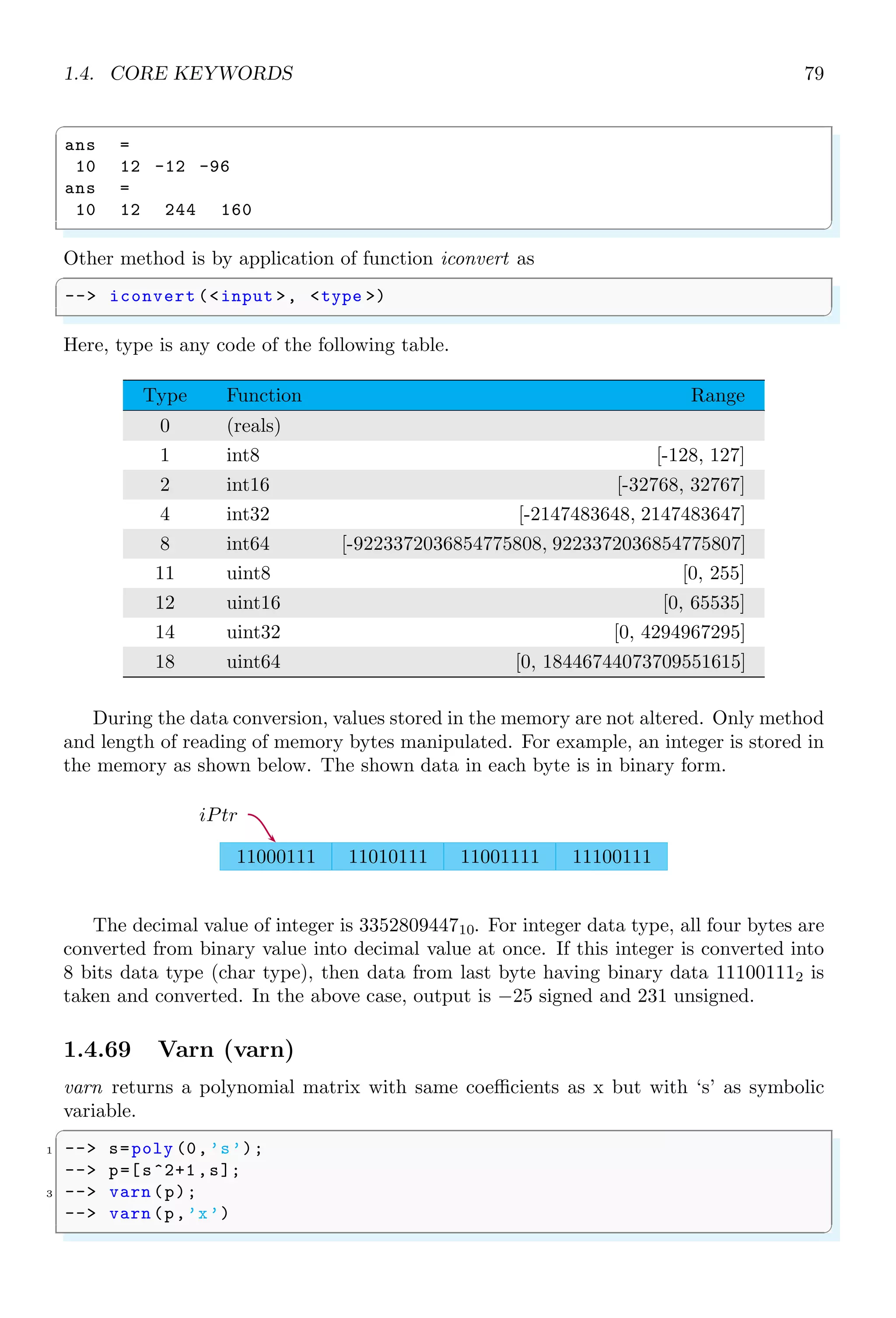 1.3. ARITHMETICAL KEYWORDS 45
✞
1 -- [1+%i , 2; 3, 2+%i]’
✌
✆
✞
ans =
1. - i 3.
2. 2. - i
✌
✆
If a dot (.) is applied before (’), then the matrix transpose is called non-conjugate
transpose of matrix. Assume a complex matrix of order 2 × 2 as
A =

3 + i 2
1 2 + i

Then non-conjugate transpose of the matrix will be
A =

3 + i 1
2 2 + i

✞
1 -- [1+%i ,2; 3,2+ %i].’
✌
✆
✞
ans =
1. + i 3
2. 2. + i
✌
✆
1.3.21 Return
return assigns local variables to the calling variable.
✞
1 -- [a,b]= return (1,2)
✌
✆
✞
b =
2.
a =
1.
✌
✆
It is also used to return a value from inside of a function. A function is terminated in
execution, when keyword return is encountered.
✞
-- function [y]= myFunc(i, j)
2 -- y=i+j;
-- return 0;
4 -- y=i^j; // Not executed
-- endfunction
6 -- myFunc (2, 3)
✌
✆
✞
ans =
5.
✌
✆
 