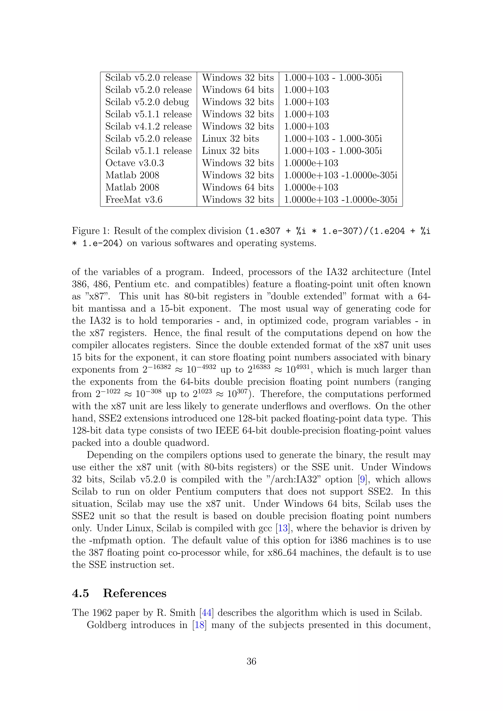 Scilab v5.2.0 release Windows 32 bits 1.000+103 - 1.000-305i
Scilab v5.2.0 release Windows 64 bits 1.000+103
Scilab v5.2.0 debug Windows 32 bits 1.000+103
Scilab v5.1.1 release Windows 32 bits 1.000+103
Scilab v4.1.2 release Windows 32 bits 1.000+103
Scilab v5.2.0 release Linux 32 bits 1.000+103 - 1.000-305i
Scilab v5.1.1 release Linux 32 bits 1.000+103 - 1.000-305i
Octave v3.0.3 Windows 32 bits 1.0000e+103
Matlab 2008 Windows 32 bits 1.0000e+103 -1.0000e-305i
Matlab 2008 Windows 64 bits 1.0000e+103
FreeMat v3.6 Windows 32 bits 1.0000e+103 -1.0000e-305i
Figure 1: Result of the complex division (1.e307 + %i * 1.e-307)/(1.e204 + %i
* 1.e-204) on various softwares and operating systems.
of the variables of a program. Indeed, processors of the IA32 architecture (Intel
386, 486, Pentium etc. and compatibles) feature a ﬂoating-point unit often known
as ”x87”. This unit has 80-bit registers in ”double extended” format with a 64-
bit mantissa and a 15-bit exponent. The most usual way of generating code for
the IA32 is to hold temporaries - and, in optimized code, program variables - in
the x87 registers. Hence, the ﬁnal result of the computations depend on how the
compiler allocates registers. Since the double extended format of the x87 unit uses
15 bits for the exponent, it can store ﬂoating point numbers associated with binary
exponents from 2−16382
≈ 10−4932
up to 216383
≈ 104931
, which is much larger than
the exponents from the 64-bits double precision ﬂoating point numbers (ranging
from 2−1022
≈ 10−308
up to 21023
≈ 10307
). Therefore, the computations performed
with the x87 unit are less likely to generate underﬂows and overﬂows. On the other
hand, SSE2 extensions introduced one 128-bit packed ﬂoating-point data type. This
128-bit data type consists of two IEEE 64-bit double-precision ﬂoating-point values
packed into a double quadword.
Depending on the compilers options used to generate the binary, the result may
use either the x87 unit (with 80-bits registers) or the SSE unit. Under Windows
32 bits, Scilab v5.2.0 is compiled with the ”/arch:IA32” option [9], which allows
Scilab to run on older Pentium computers that does not support SSE2. In this
situation, Scilab may use the x87 unit. Under Windows 64 bits, Scilab uses the
SSE2 unit so that the result is based on double precision ﬂoating point numbers
only. Under Linux, Scilab is compiled with gcc [13], where the behavior is driven by
the -mfpmath option. The default value of this option for i386 machines is to use
the 387 ﬂoating point co-processor while, for x86 64 machines, the default is to use
the SSE instruction set.
4.5 References
The 1962 paper by R. Smith [44] describes the algorithm which is used in Scilab.
Goldberg introduces in [18] many of the subjects presented in this document,
36
 