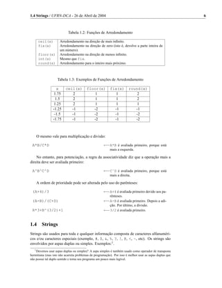 1.4 Strings / UFRN-DCA - 26 de Abril de 2004                                                              6



                           Tabela 1.2: Funções de Arredondamento

        ceil(x)      Arredondamento na direção de mais inﬁnito.
        fix(x)       Arredondamento na direção de zero (isto é, devolve a parte inteira de
                     um número).
        floor(x)     Arredondamento na direção de menos inﬁnito.
        int(x)       Mesmo que fix.
        round(x)     Arredondamento para o inteiro mais próximo.



                    Tabela 1.3: Exemplos de Funções de Arredondamento

                   x      ceil(x)        floor(x)         fix(x)        round(x)
                  1.75        2              1               1              2
                  1.5         2              1               1              2
                  1.25        2              1               1              1
                 -1.25       -1             -2              -1             -1
                  -1.5       -1             -2              -1             -2
                 -1.75       -1             -2              -1             -2



       O mesmo vale para multiplicação e divisão:

 A*B/C*D                                             ←−A*B é avaliada primeiro, porque está
                                                          mais a esquerda.

    No entanto, para potenciação, a regra da associatividade diz que a operação mais a
direita deve ser avaliada primeiro:

 A^B^C^D                                             ←−CˆD é avaliada primeiro, porque está
                                                          mais a direita.

       A ordem de prioridade pode ser alterada pelo uso do parênteses:

 (A+4)/3                                             ←−A+4 é avaliada primeiro devido aos pa-
                                                          rênteses.
 (A-B)/(C+D)                                         ←−A-B é avaliada primeiro. Depois a adi-
                                                       ção. Por último, a divisão.
 R*3+B^(3/2)+1                                       ←−3/2 é avaliada primeiro.


1.4       Strings
Strings são usados para toda e qualquer informação composta de caracteres alfanuméri-
cos e/ou caracteres especiais (exemplo, #, $, &, %, ?, !, @, <, ~, etc). Os strings são
envolvidos por aspas duplas ou simples. Exemplos:1 .
   1
    Devemos usar aspas duplas ou simples? A aspa simples é também usado como operador de transposta
hermitiana (mas isto não acarreta problemas de programação). Por isso é melhor usar as aspas duplas que
não possui tal duplo sentido e torna seu programa um pouco mais legível.
 