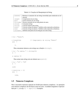 1.5 Números Complexos / UFRN-DCA - 26 de Abril de 2004                                  8



                    Tabela 1.4: Funções de Manipulação de String

      convstr    Retorna os caracteres de um string convertidos para maiúscula ou mi-
                 núscula.
      length     Comprimento de um string.
      part       Extrai caracteres de um string.
      strindex   Procura a posição de um string dentro de outro.
      strcat     Concatena strings.
      string     Converte número para string.
      evstr      Converte string em número. Também avalia expressões aritméticas.
      eval       Converte string em número. Também avalia expressões aritméticas.
      strsubst   Substitui uma parte de um string por um outro string.



-->m = "Pedro";

-->length(m)                  // Comprimento do string "Pedro"
 ans =

      5.

   Para concatenar números com strings use a função string().
-->a = "a camisa " + string(10)
 a =

 a camisa 10

   Para somar uma string com um número use evstr():
-->a = "12" + "34"
 a =

 1234

-->evstr(a) + 10
 ans =

      1244.



1.5     Números Complexos
Não é necessário manuseio especial em Scilab para números complexos. As operações
com números complexos são tão fáceis como nos reais. A unidade imaginária é represen-
tado por %i, ou seja, %i = sqrt(-1). Exemplos:
 